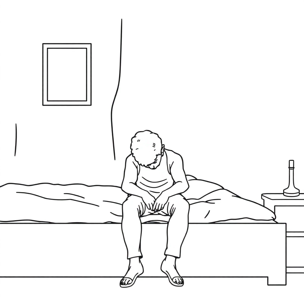 一个中年男人低着头坐在床边 صفحات التلوين