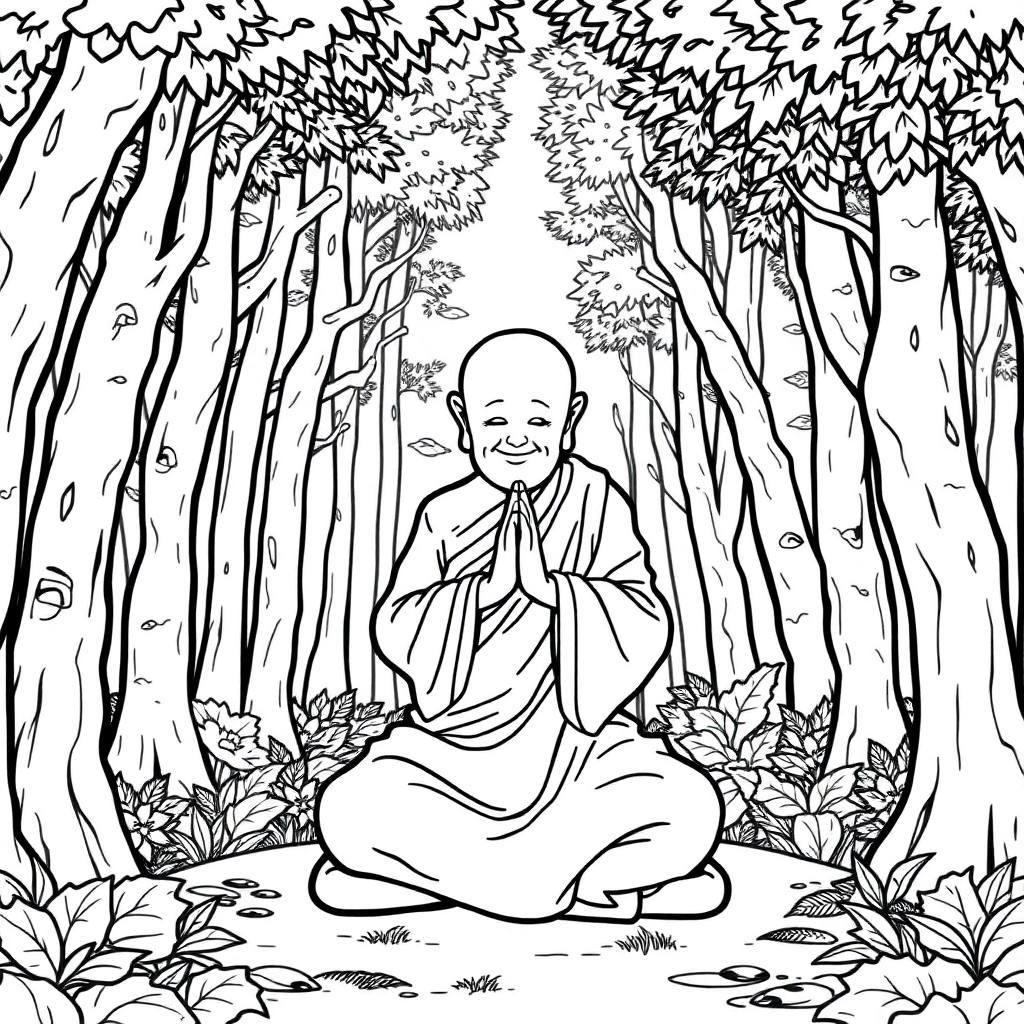 一个和尚大师在树林里冥想 صفحات التلوين
