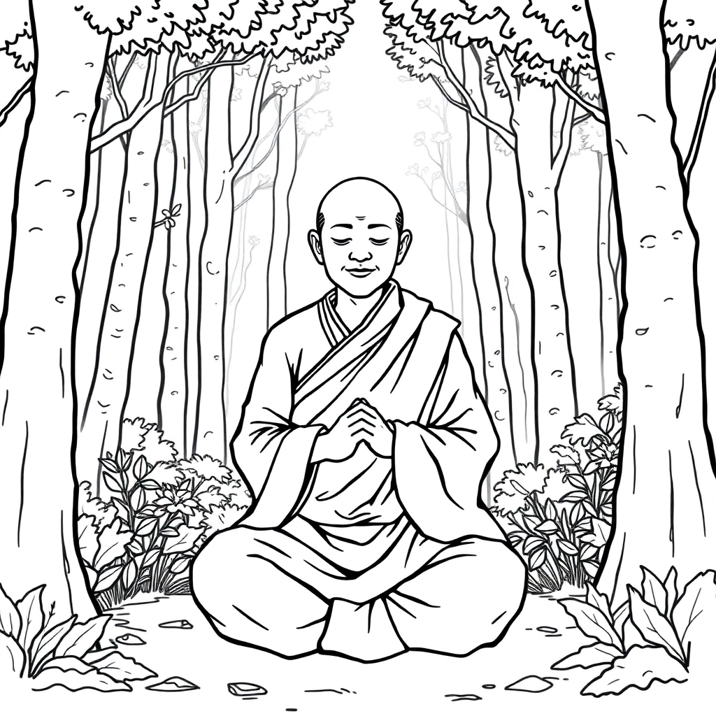 一个和尚大师在树林里冥想 صفحات التلوين