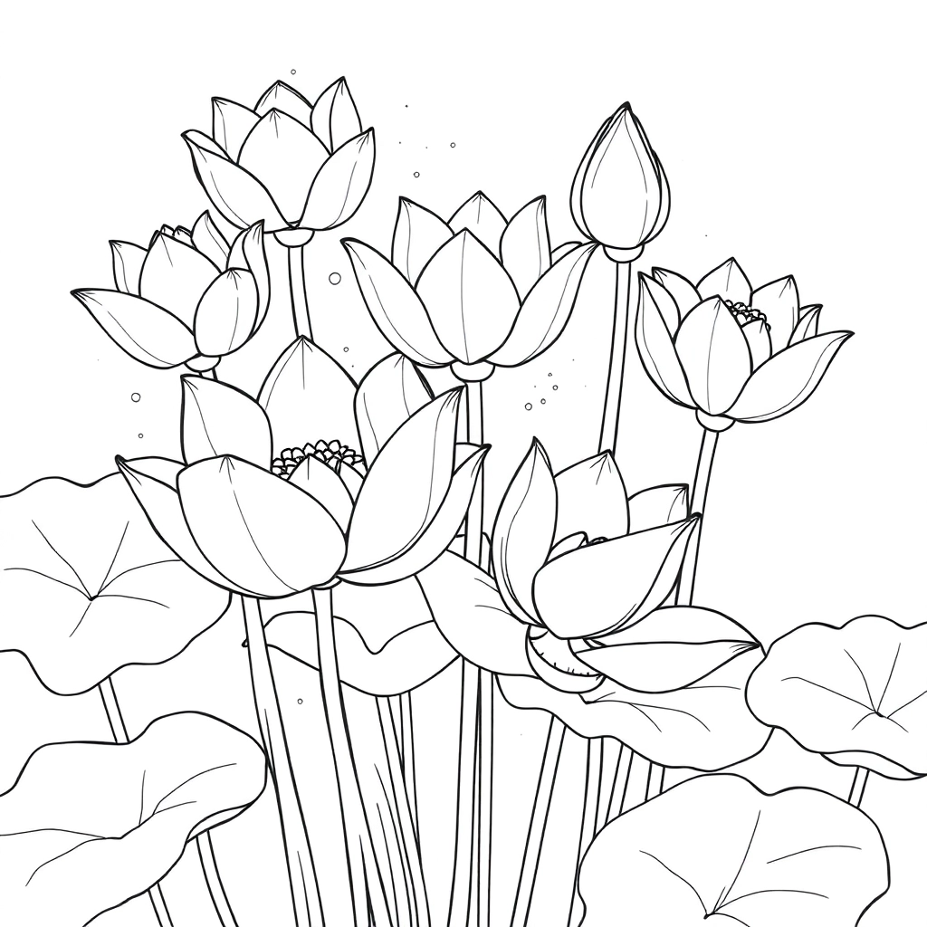Lotus flowers with stems Páginas para Colorear