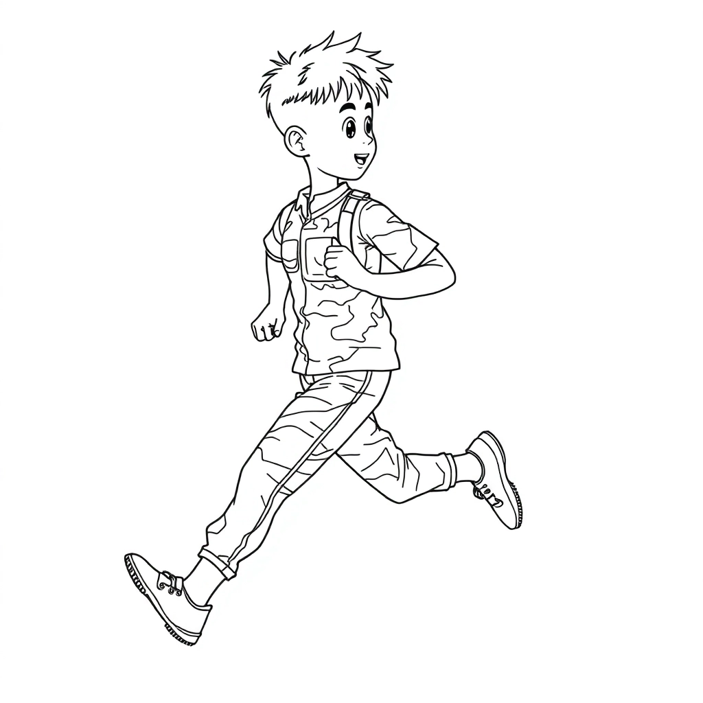 一名男性亚洲青年表情坚毅穿着迷彩服向右快速奔跑的全侧身 Coloring Pages