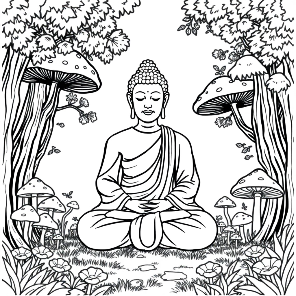Chubby Buddha meditating in a psychedelic mushroom forest Páginas para Colorear