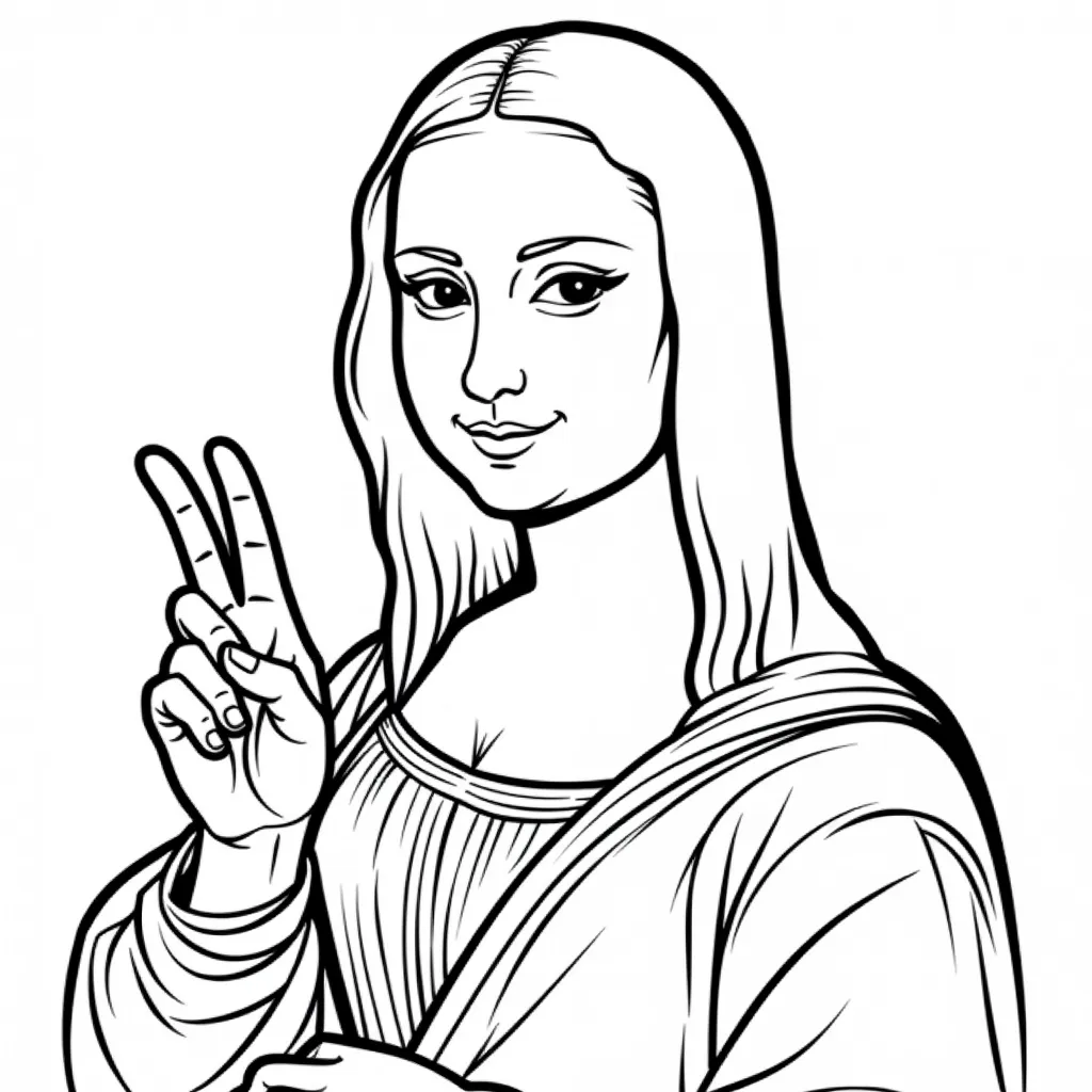 Mona Lisa giving peace sign coloring pages