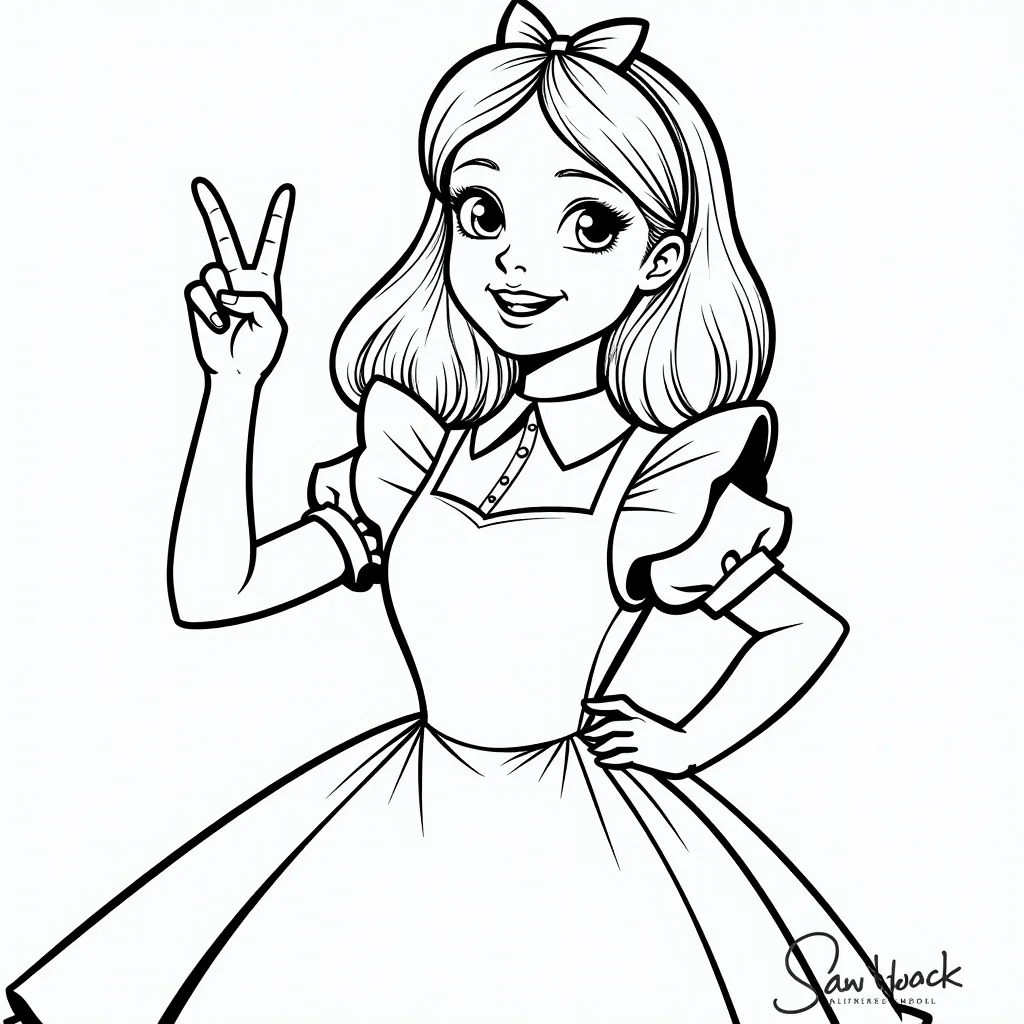 Alice in wonderland giving the peace sign coloring pages