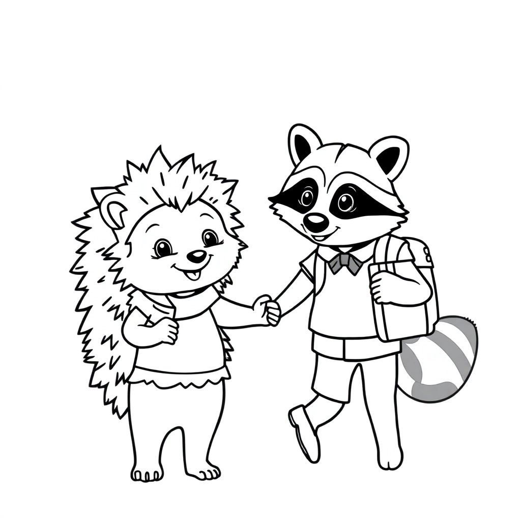 A hedgehog and a raccoon holding hands walking to school both wearing child appropriate clothes صفحات التلوين