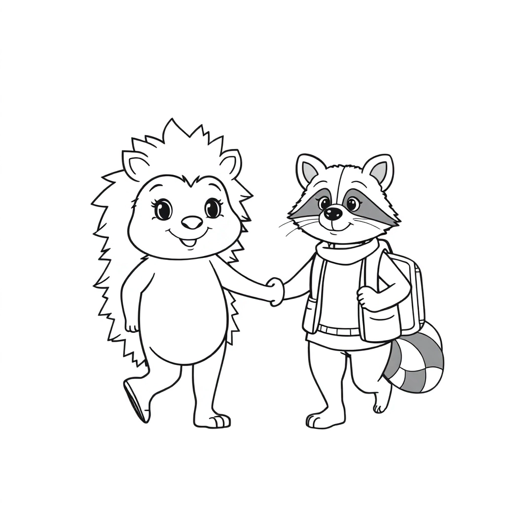 A hedgehog and a raccoon holding hands walking to school both wearing child appropriate clothes صفحات التلوين