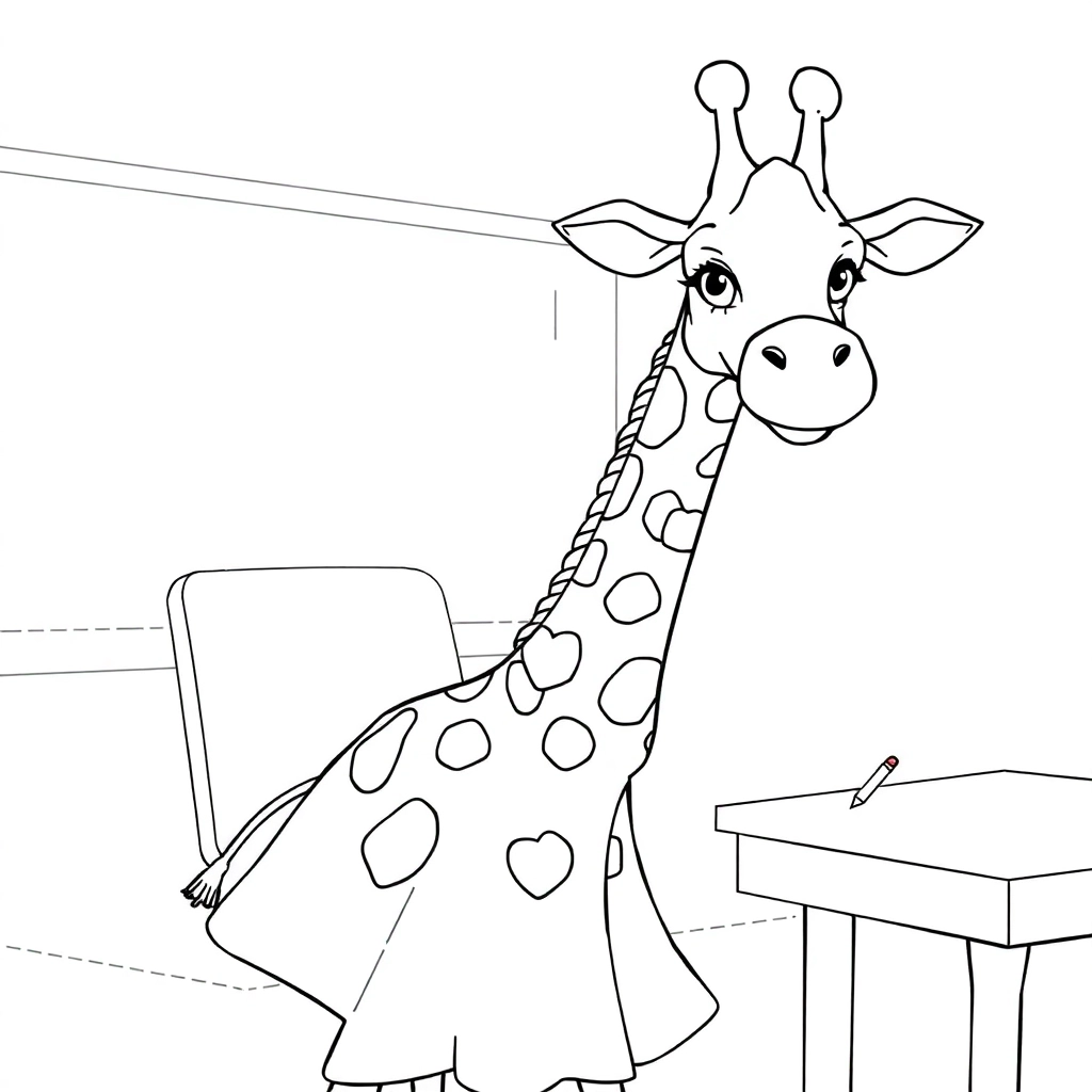 A cute giraffe in a polkadot dress sitting in a classroom chair smiling and holding a pencil school صفحات التلوين