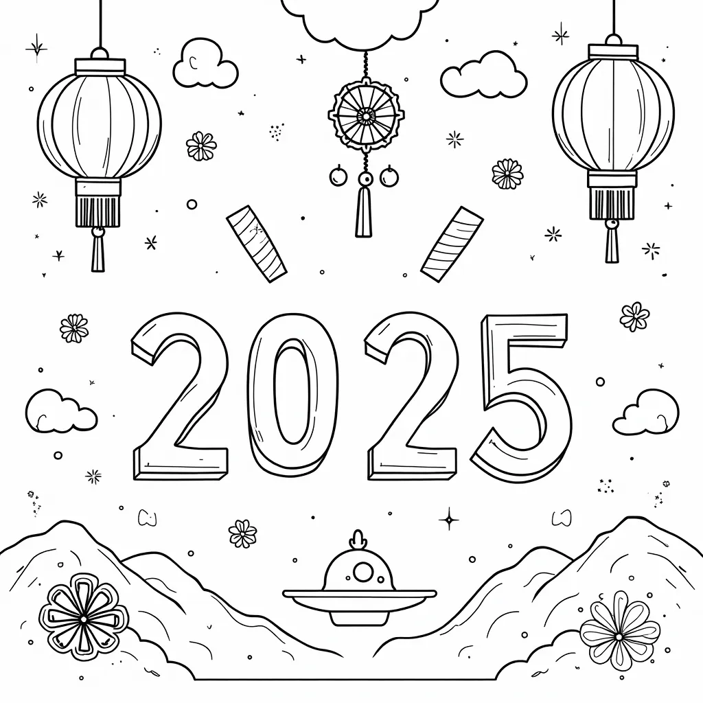 New year with snack show as 2025 coloring pages