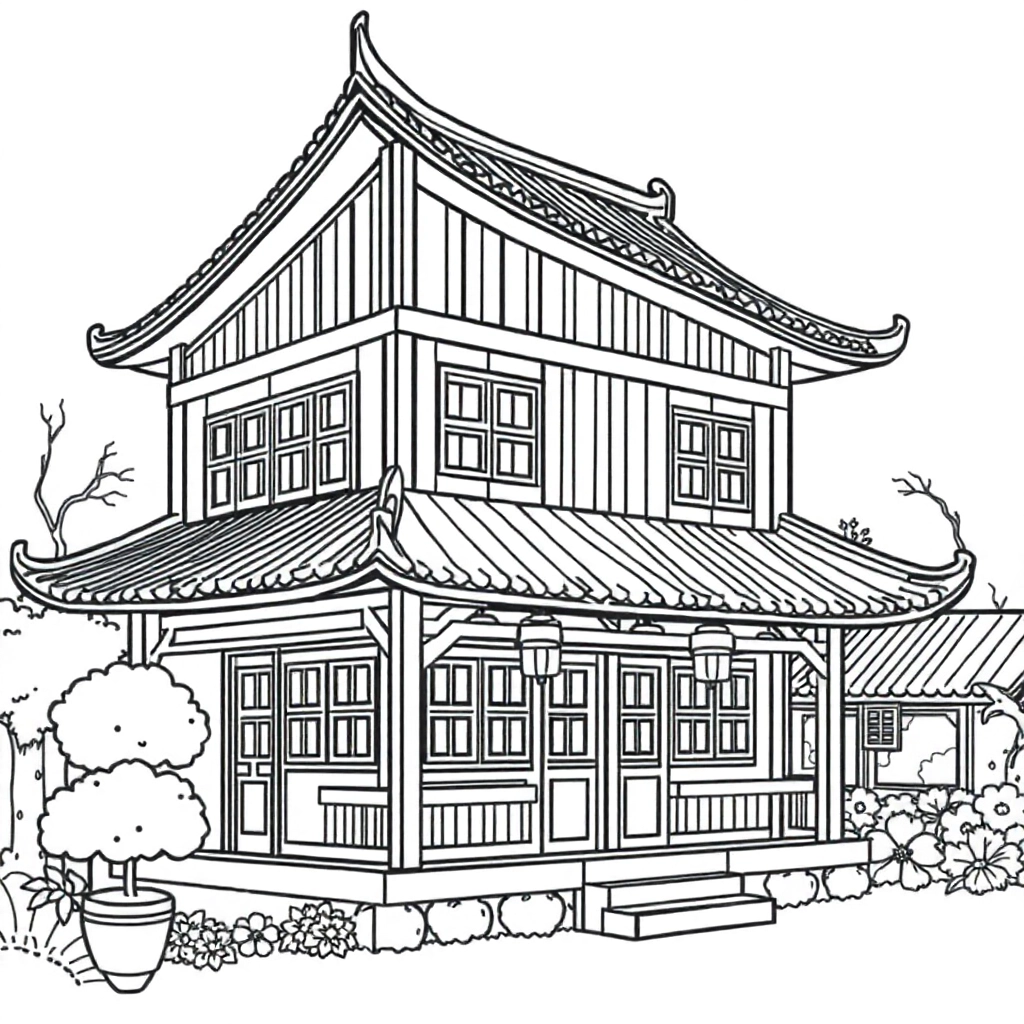 中式木屋风景 Páginas para Colorear