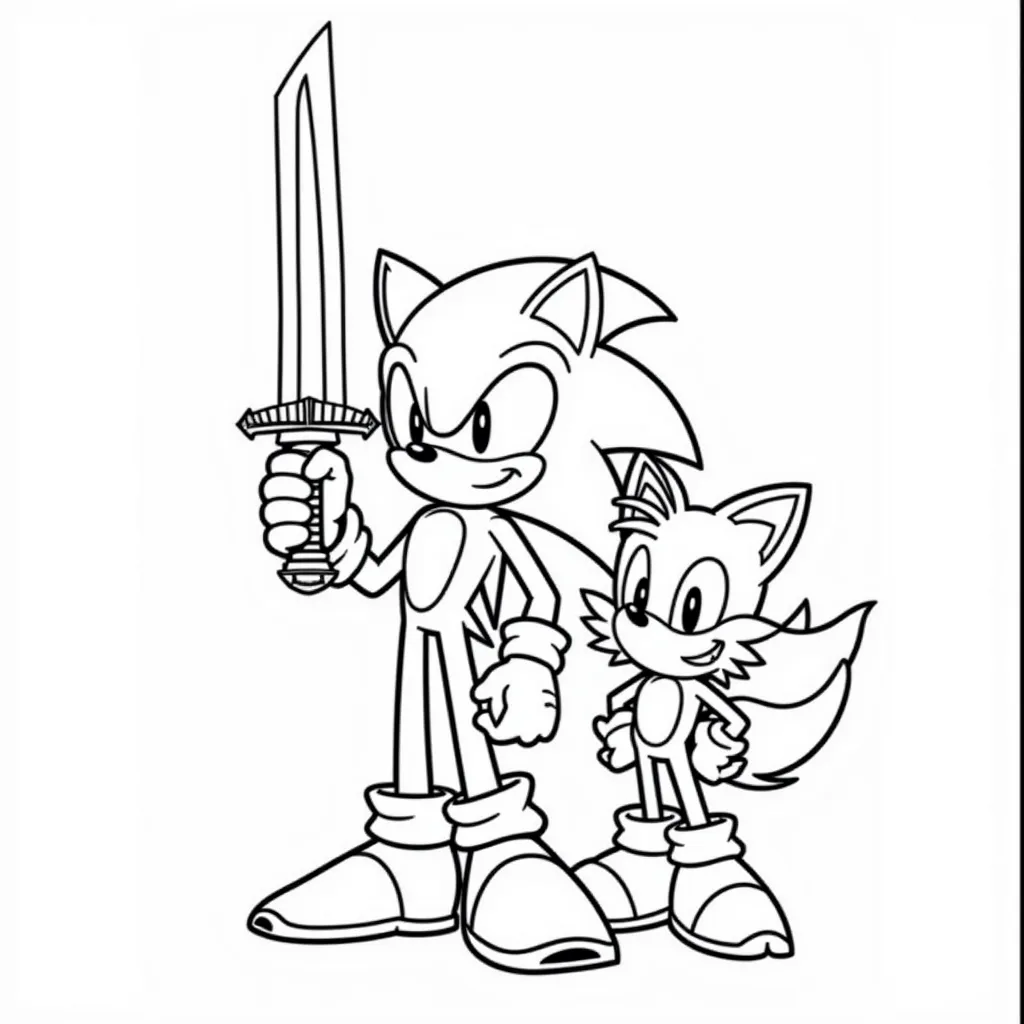 Super Sonic prime with big sword and tails beside him coloring pages