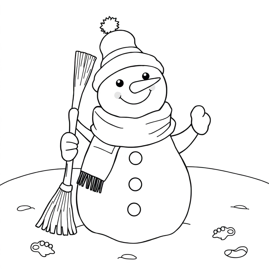 雪人与知更鸟分享围巾扫帚倚在松果堆旁雪地有兔子脚印纯黑白线稿必须包含胡萝卜鼻 煤球眼 羊毛手套 صفحات التلوين