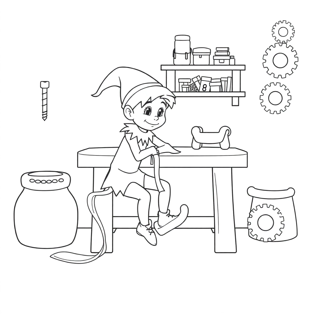 小精灵被包装胶带缠住工作台螺丝零件散落架子玩具木马歪倒纯黑白线稿必须包含尖头鞋 齿轮 蝴蝶结 Páginas para Colorear