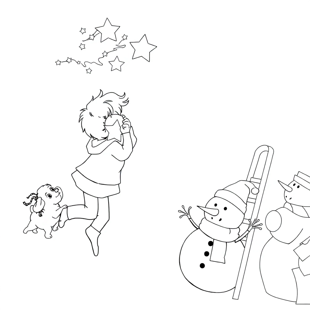 小孩踮脚挂星星到树顶小狗叼金球帮忙滚落的拐杖糖砸中雪人鼻子纯黑白线稿必须包含梯子 包装纸 长筒袜 Coloring Pages
