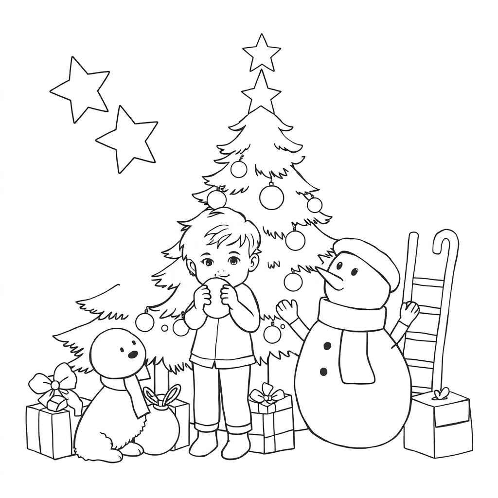 小孩踮脚挂星星到树顶小狗叼金球帮忙滚落的拐杖糖砸中雪人鼻子纯黑白线稿必须包含梯子 包装纸 长筒袜 Coloring Pages