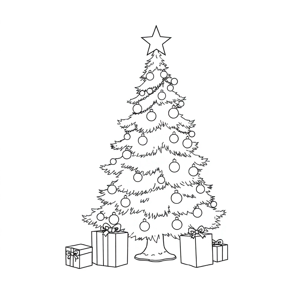 Simple Christmas tree with gifts Coloring Pages