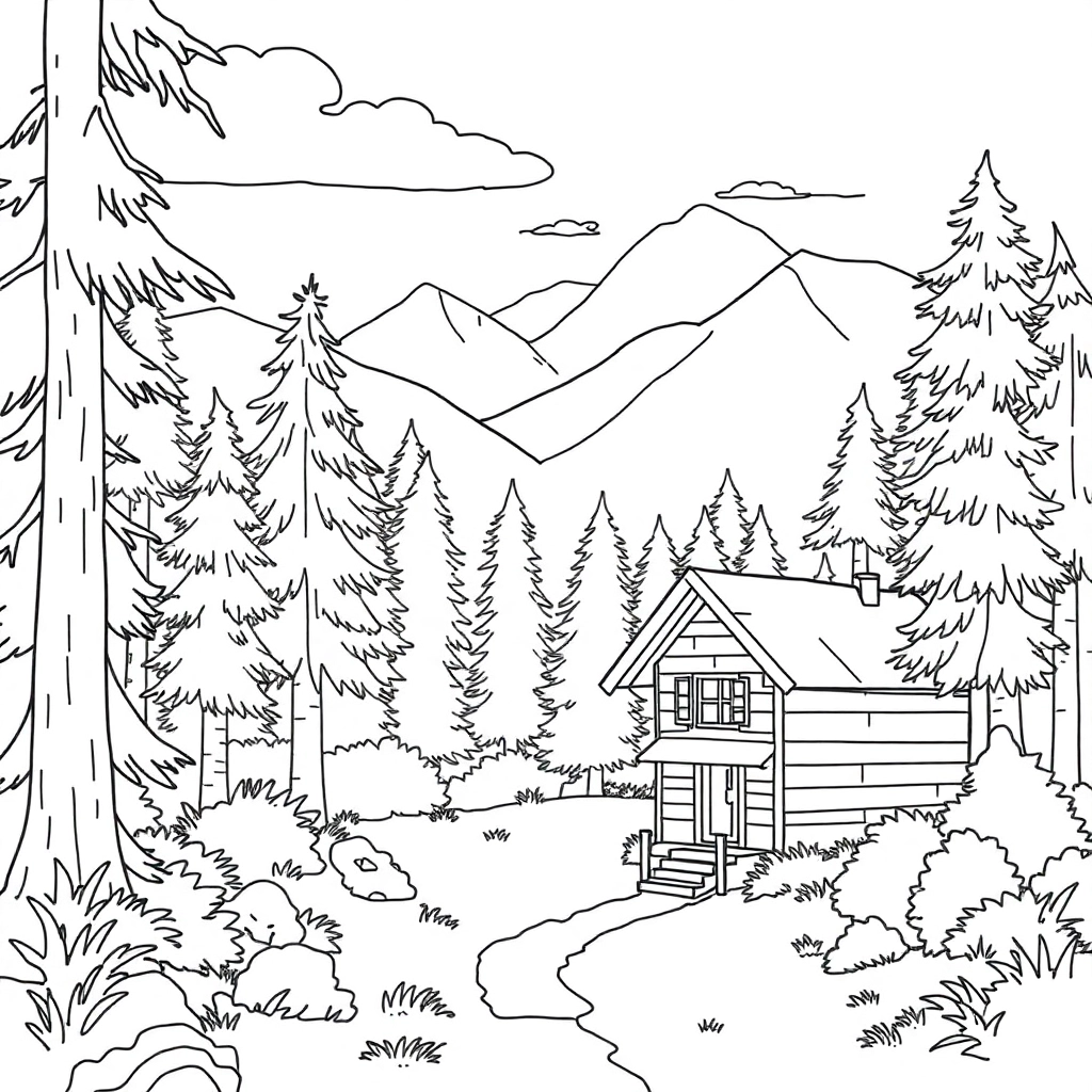 山水 木屋 森林 风景 Coloring Pages