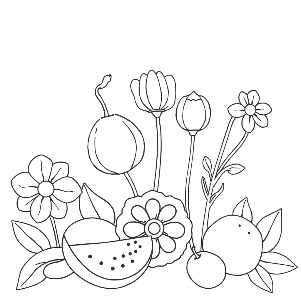Fullpage sketches of fruits and flowers صفحات التلوين