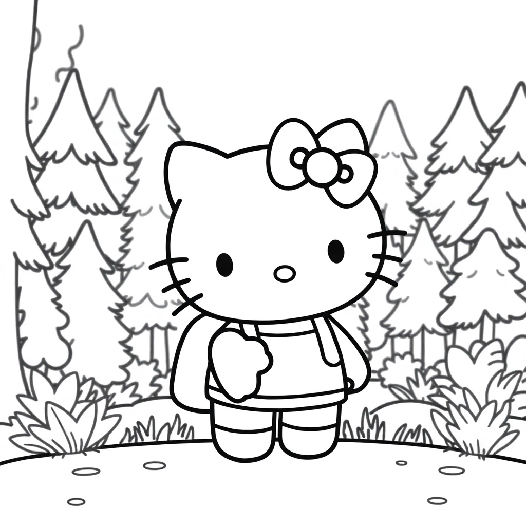 凯蒂猫背着书包走在森林里 Páginas para Colorear