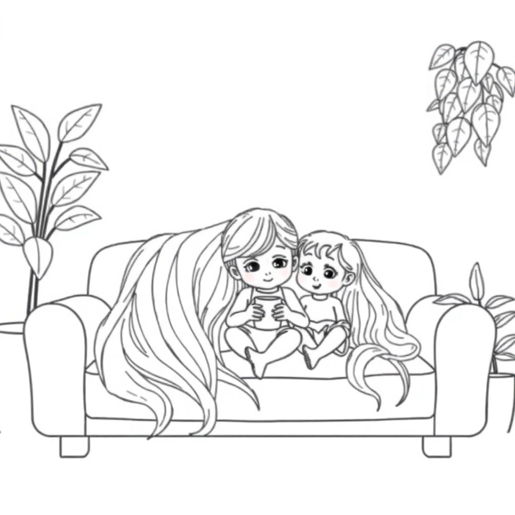 一个长头发女娃做在沙发上喝咖啡沙发旁有一大棵绿植 Páginas para Colorear