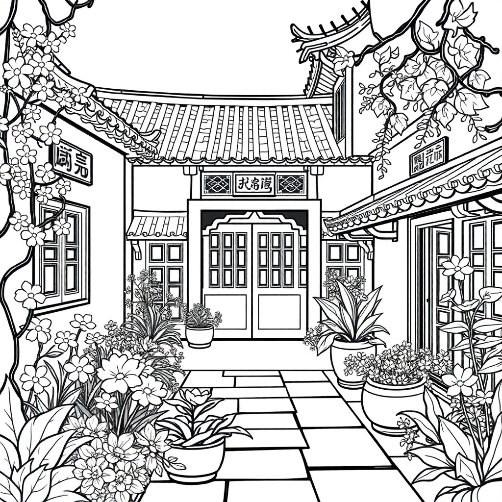 一个种满花草的中式小院 Coloring Pages