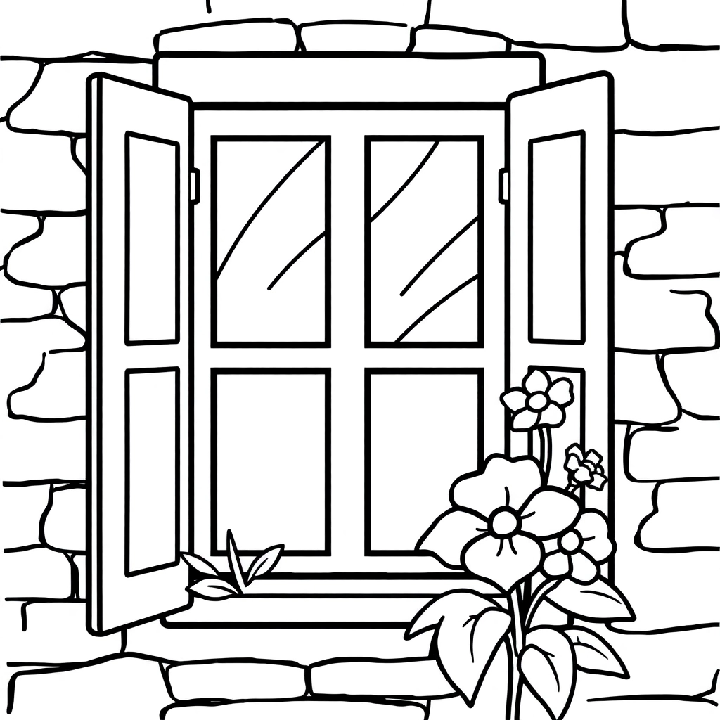 一个窗户墙壁上爬满了花朵 Coloring Pages