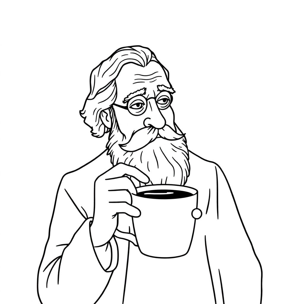 a philosopher with a cup of coffee in his hand Páginas para Colorear