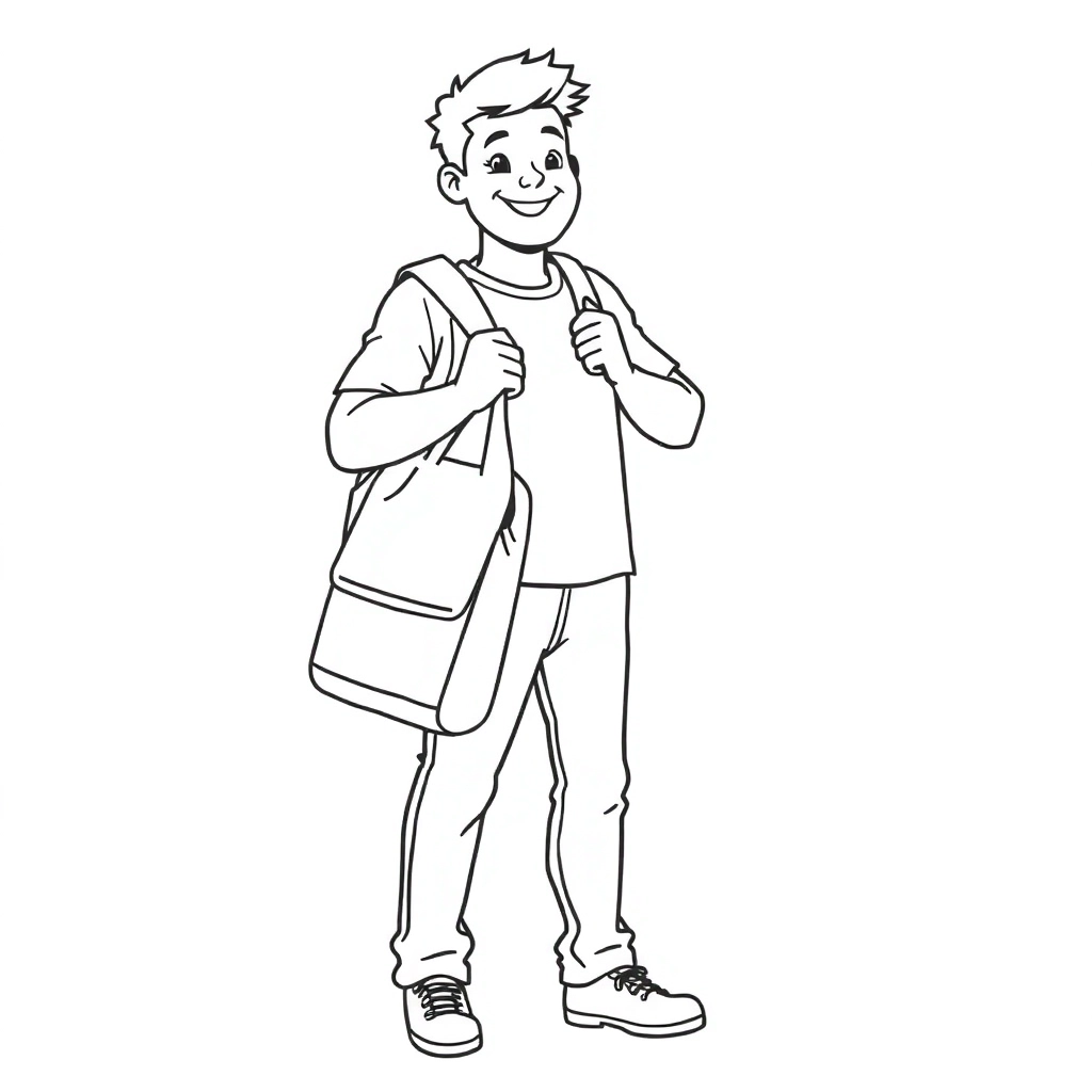 a man with bag and  wounds on his body but happy on his face  Páginas para Colorear
