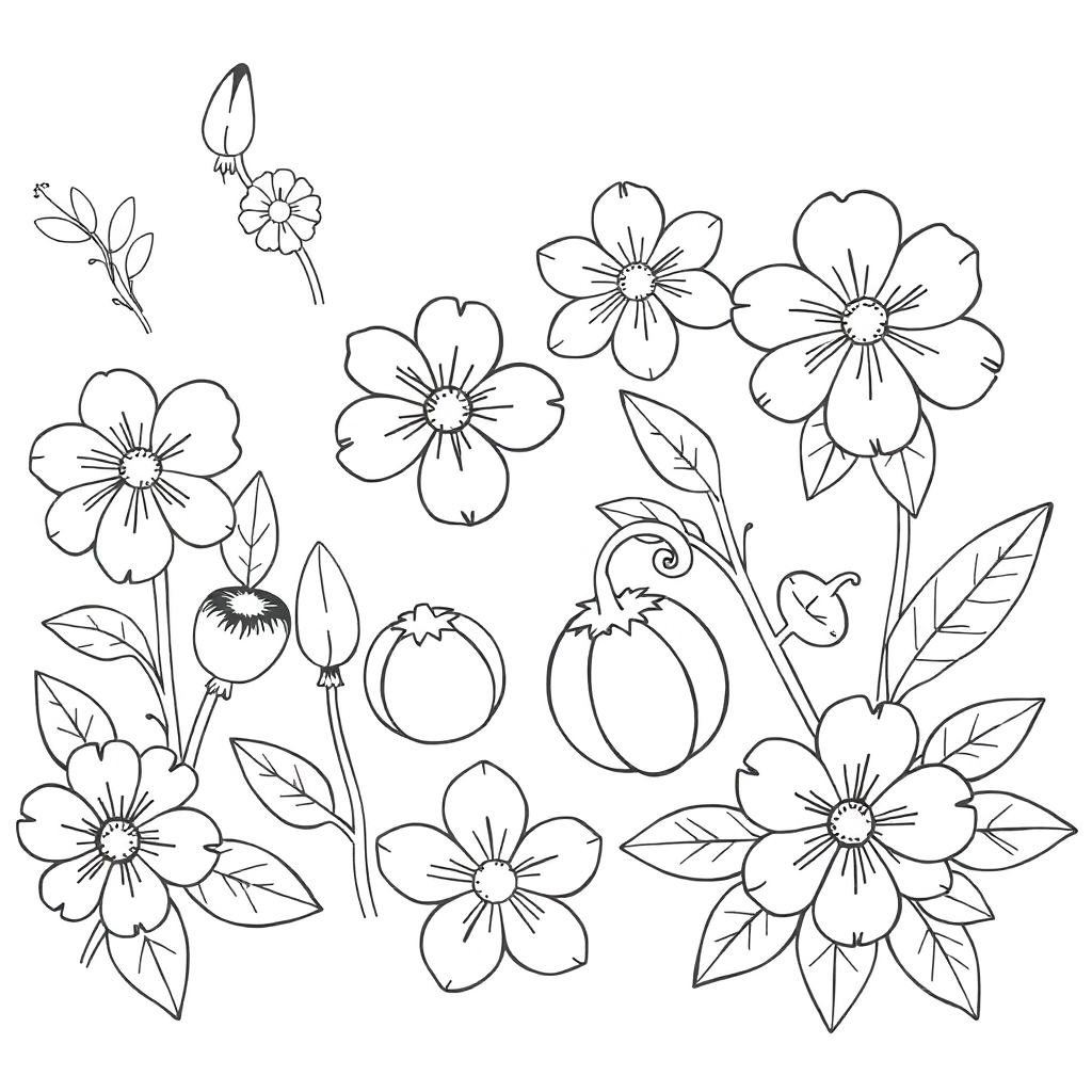 Design a series of coloring books such as patterns combining flowers and fruits صفحات التلوين