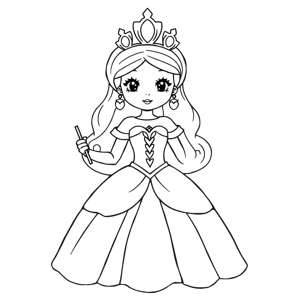 Disney princess wearing tiara and earrings and a wand and dress صفحات التلوين