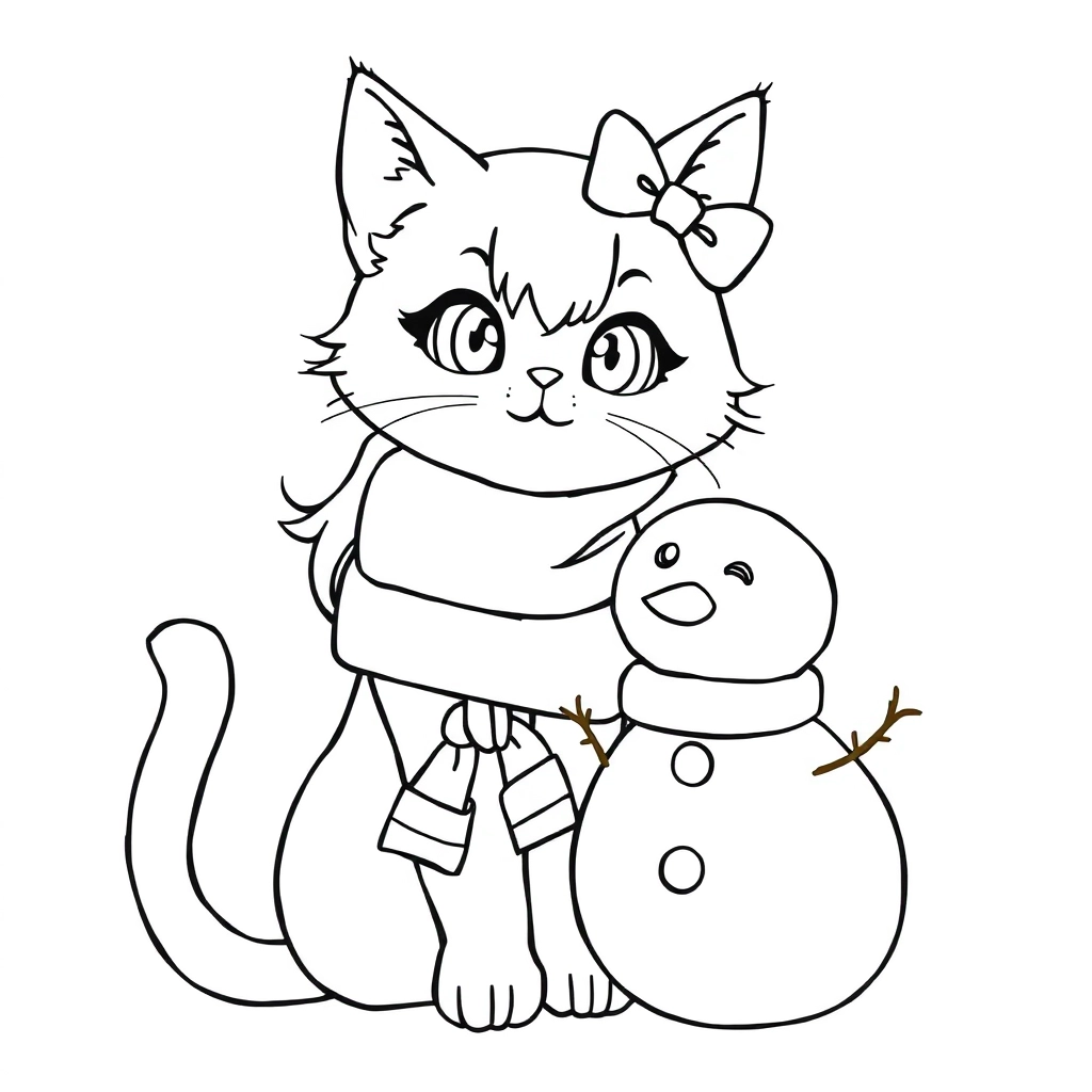 可爱猫咪动漫女孩圣诞雪人 Páginas para Colorear