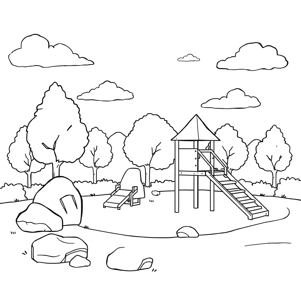 The children's playground in the community with rockeries and sports equipment Páginas para Colorear