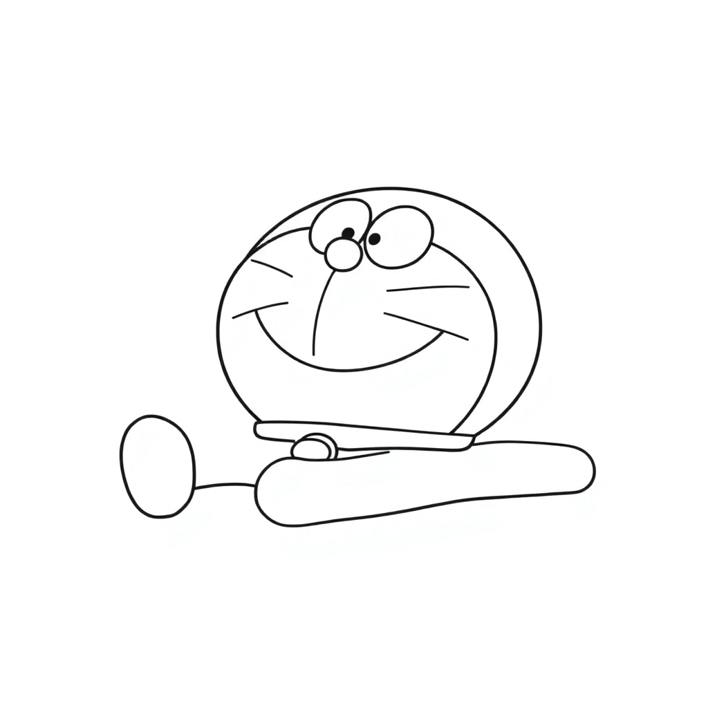 Doraemon is lying on his stomach smiling with his hand resting on his cheek Páginas para Colorear