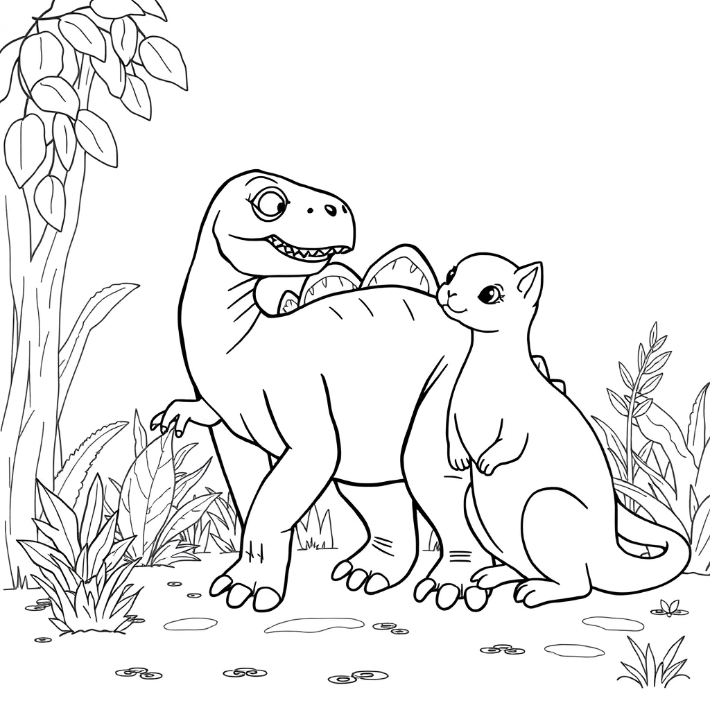 dinosaur with cat Páginas para Colorear