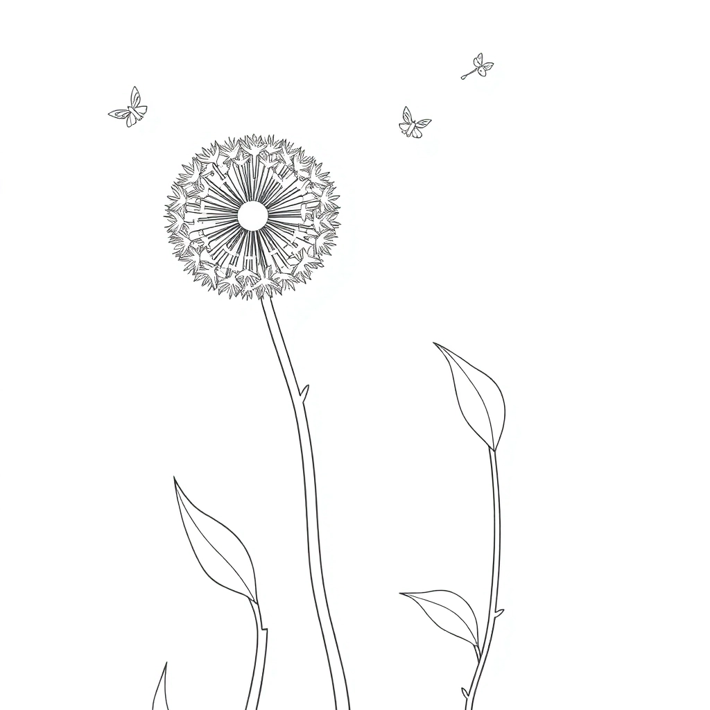draw  one dandelion with leave flying away in minimalist style Páginas para Colorear