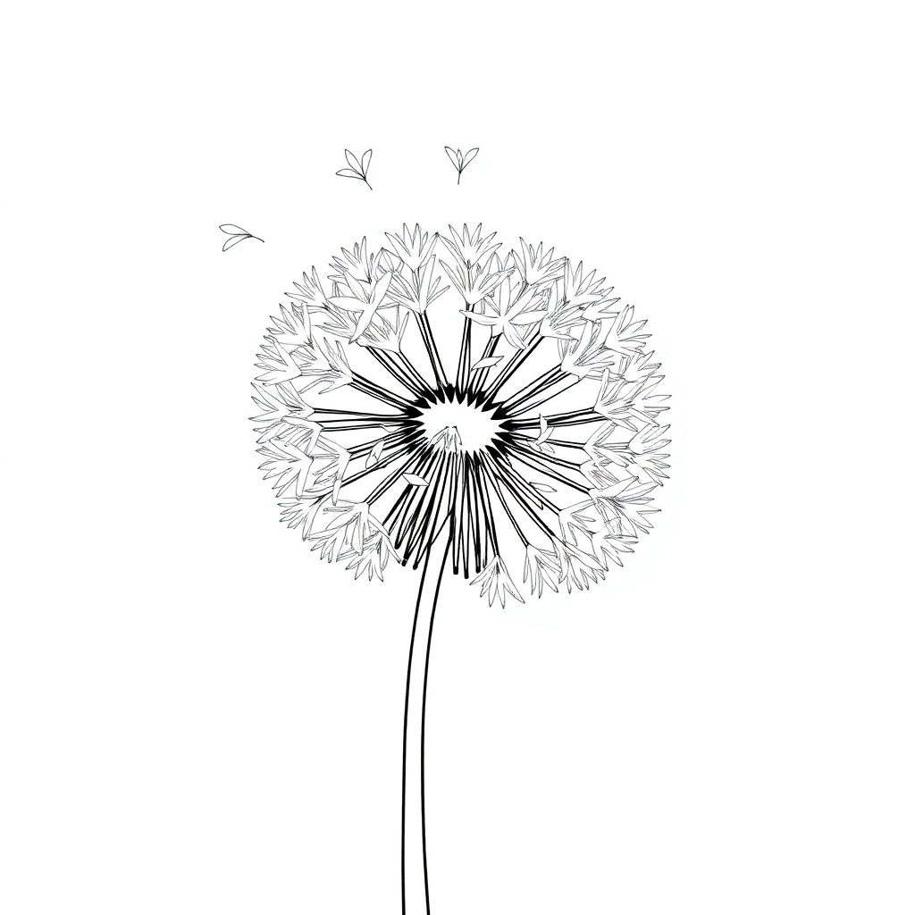 draw  one dandelion with seeds flying away in minimalist style Páginas para Colorear