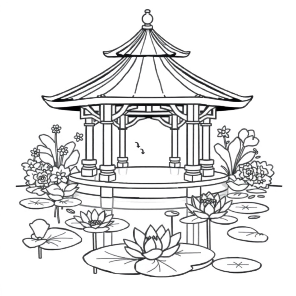 亭子水池荷花 Páginas para Colorear
