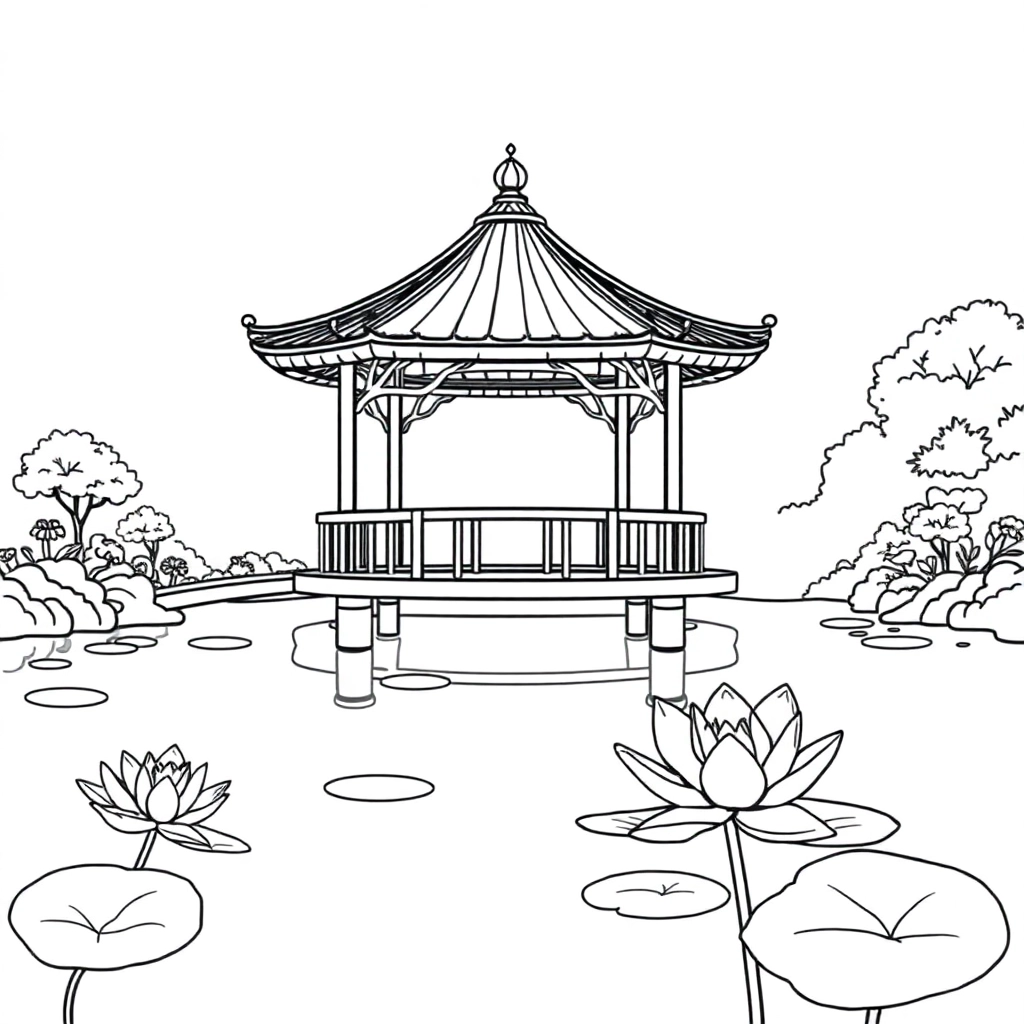 亭子水池小桥荷花 Coloring Pages