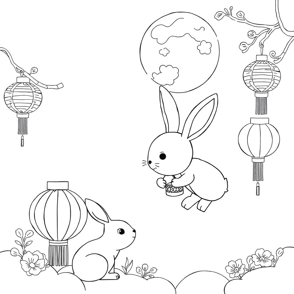 月亮兔子月饼灯笼 Coloring Pages