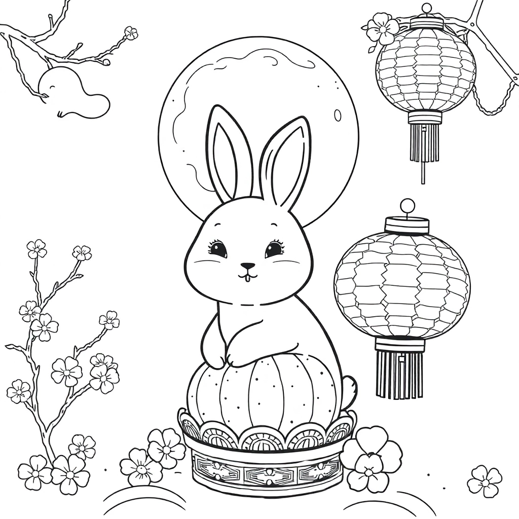 月亮兔子月饼孔明灯 Coloring Pages