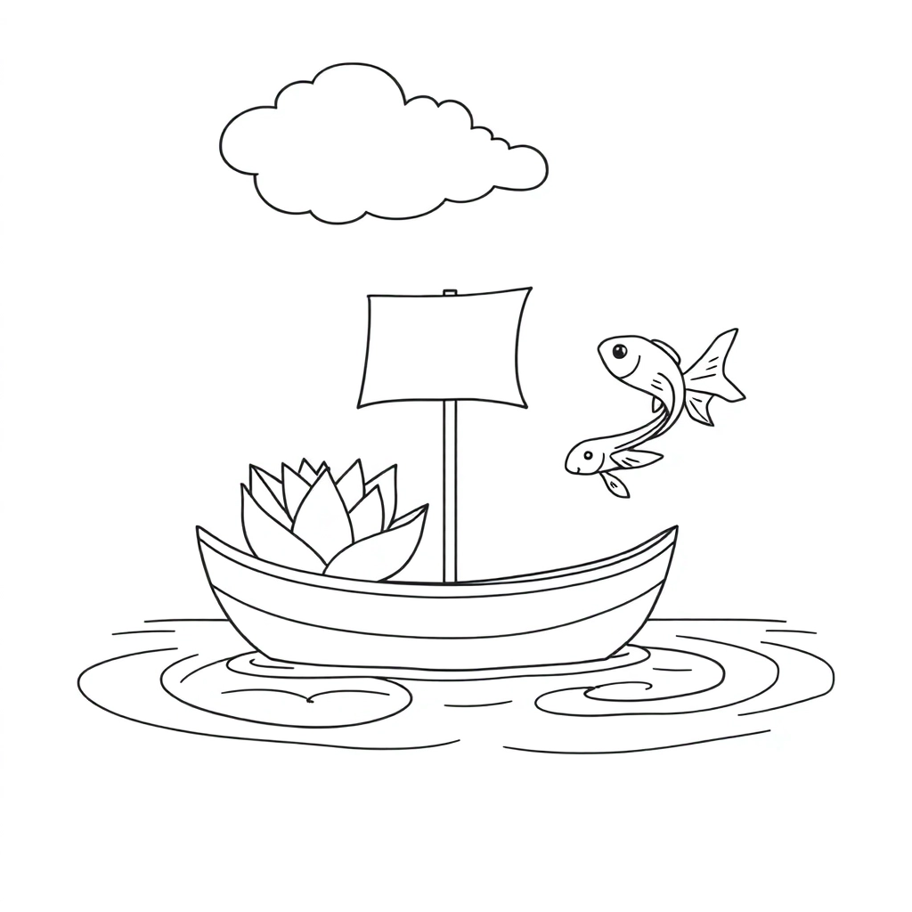 荷花小船鱼白云 Coloring Pages