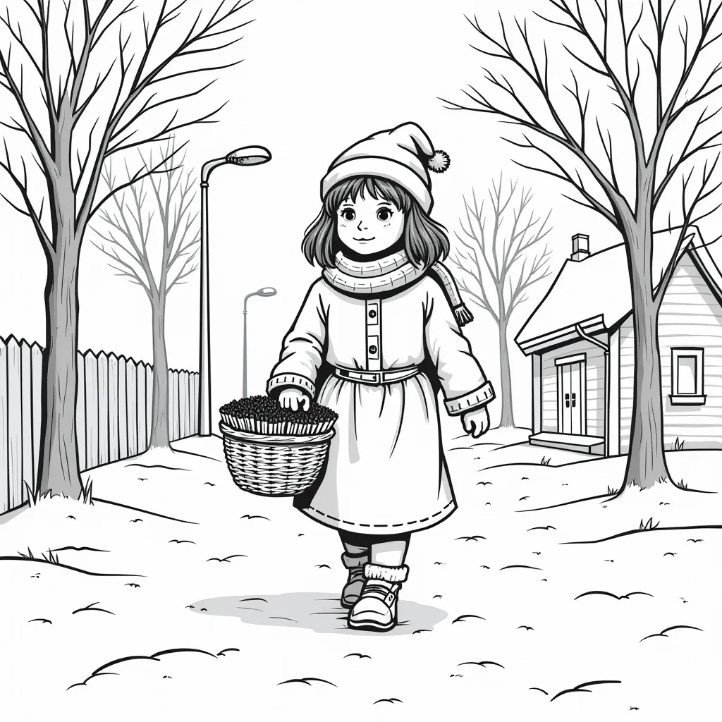 在一个大雪漫飞的冬天身着褴褛的小女孩提着一篮子火柴在街上 coloring pages