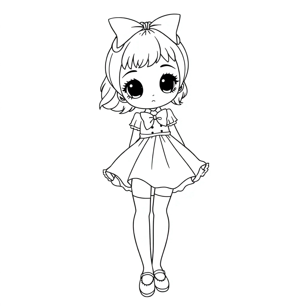  A Japanese girl with big eyes wearing a pink Lolita dress and stockings mary jane shoes and bow tie Páginas para Colorear