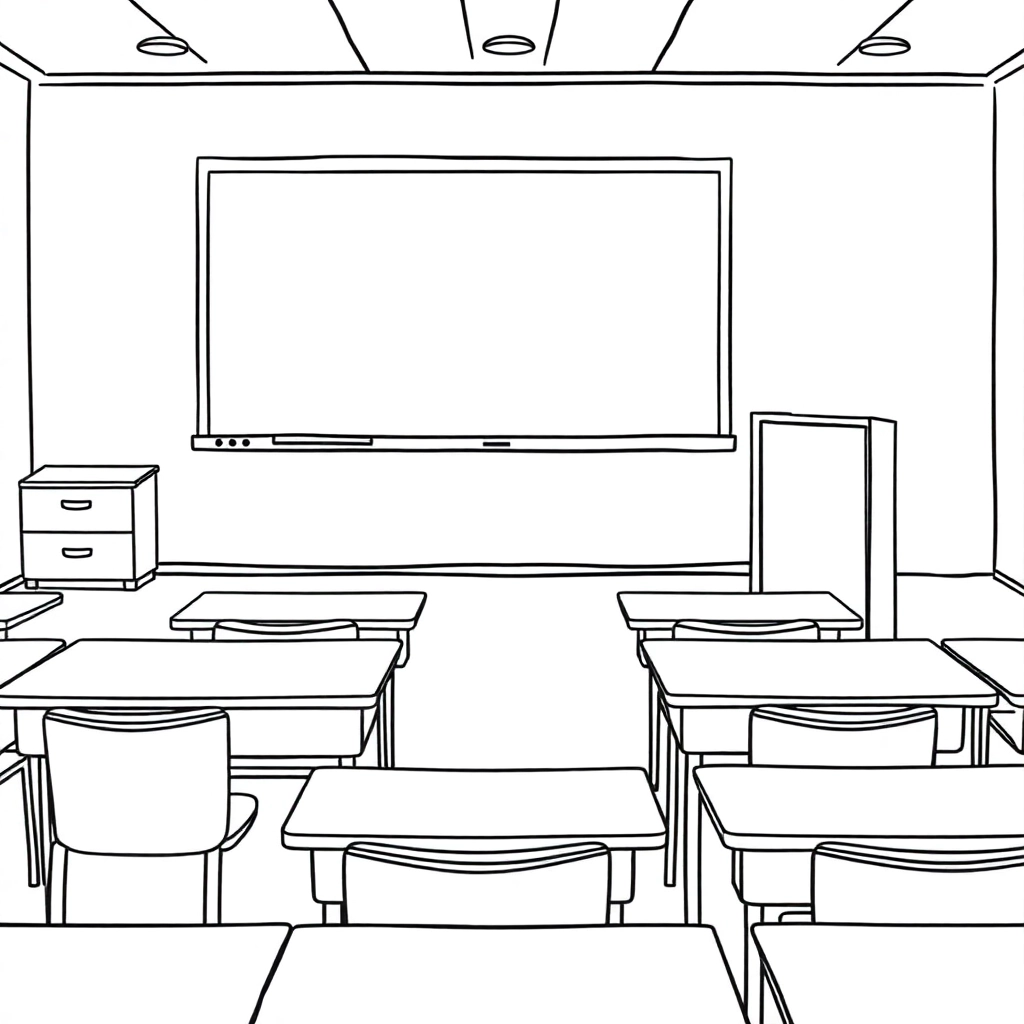 The classroom scene features about ten desks a blackboard and a podium صفحات التلوين