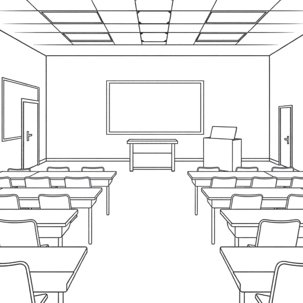 Classroom scene six tables and two rows with blackboard a long podium and a classroom door صفحات التلوين