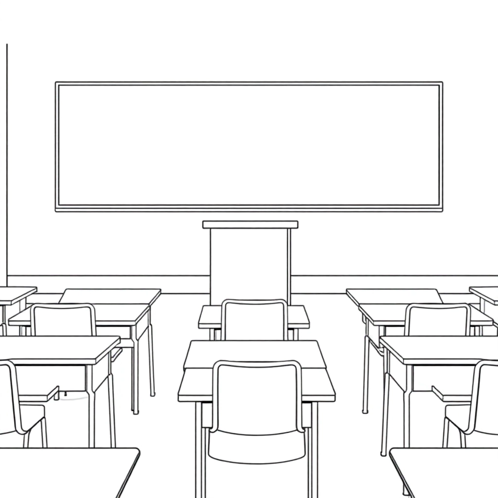 The classroom scene features about ten desks a blackboard and a podium صفحات التلوين