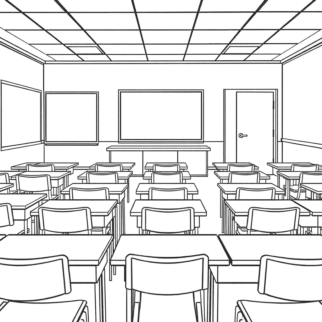 Classroom scene six tables divided into two rows with blackboards and pamping stands and the door صفحات التلوين