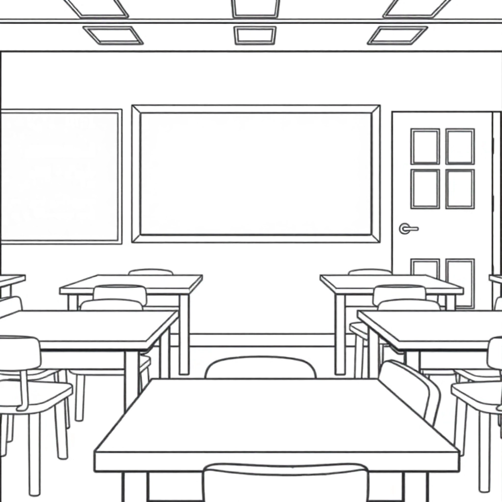 Classroom scene six tables divided into two rows with blackboards and pamping stands and the door صفحات التلوين
