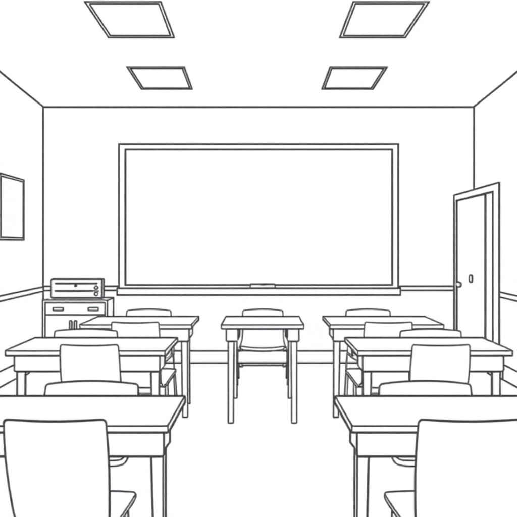 Classroom scene six tables divided into two rows with blackboards and pamping stands and the door صفحات التلوين