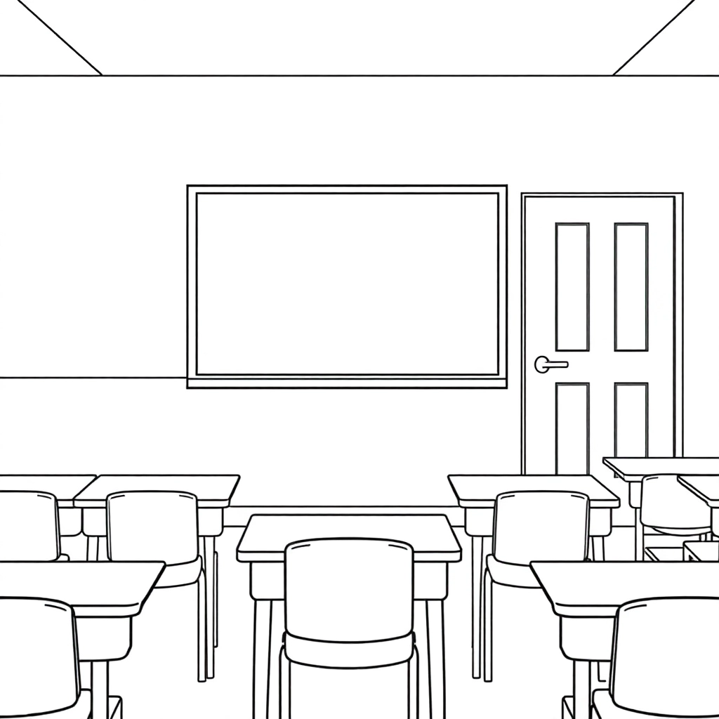 Classroom scene six tables divided into two rows with blackboards and pamping stands and the door صفحات التلوين