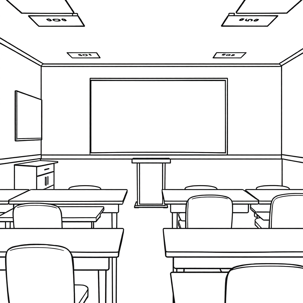 Classroom scene tables in two rows blackboard and podium and doorway صفحات التلوين